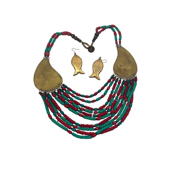 Red Turquoise Resin Bead Brass Necklace Fish Dangle Earrings Tribal Ethnic 20" - Picture 7 of 9